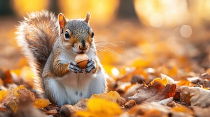 Cute squirrel holding an acorn in an autumn forest. Wildlife photography, nature, and adorable animal in a beautiful fall setting.