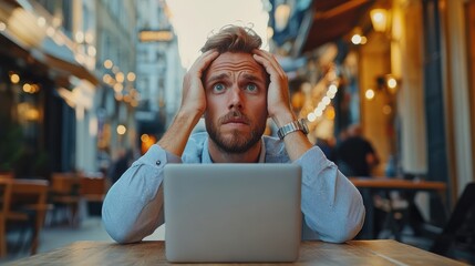 Frustrated man sitting at an outdoor cafe, holding his head in his hands. Stressful day, emotional expression, city life, and thoughtful mood in a public setting.
