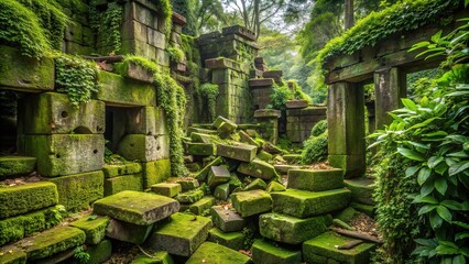 Ancient worn stone blocks stacked haphazardly, overgrown with lush green moss and vines, within a mysterious abandoned structure's crumbling walls, surrounded by nature.