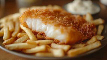 Crispy fried fish fillet with golden french fries on a plate