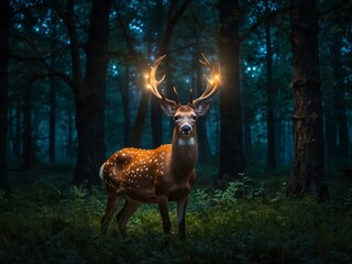 Magical deer glowing in an enchanted forest.