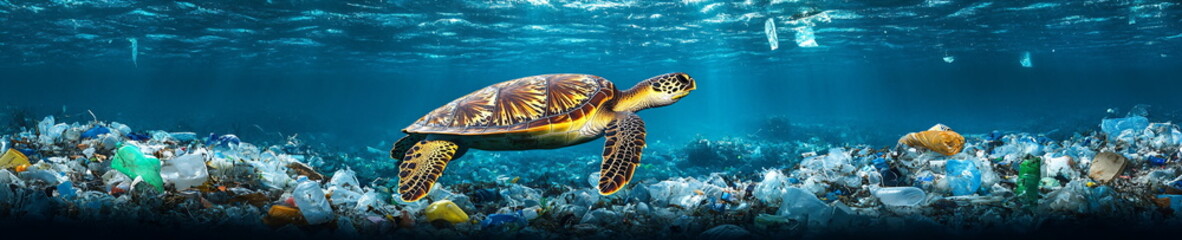 Fototapeta premium Sea turtle swimming through plastic waste in the ocean