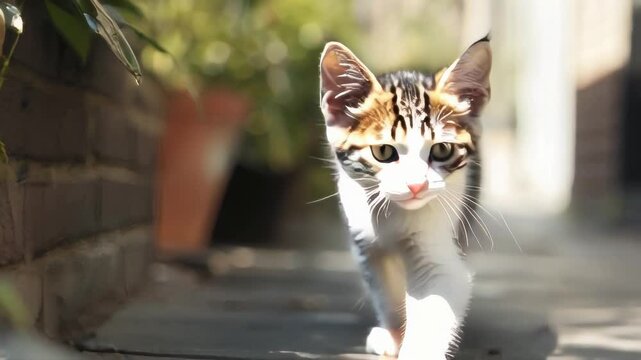 A adorable little kitten with black and white stripes and a white patch on its chest walks confidently on a pavement, looking directly at the camera with curious and sweet eyes.. AI Generation