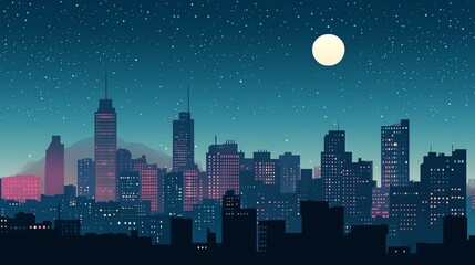 A beautiful cityscape at night with the moon shining brightly and a starry sky.