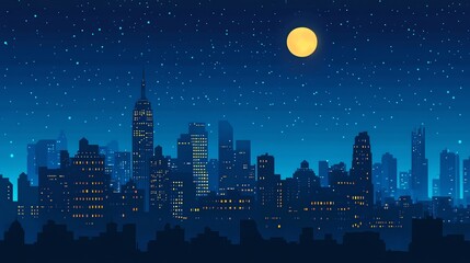 A dark cityscape with a bright moon and stars in the night sky.