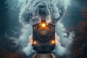 A train is in motion, with smoke billowing out of the engine