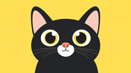 Obraz premium A cute cartoon black cat with big, round eyes looks directly at the viewer with a friendly expression.