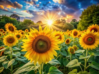 Fototapeta premium Vibrant sunflowers and lush greenery surround a warm, golden glow, evoking feelings of happiness, relaxation, and radiant, healthy beauty on a serene summer day.