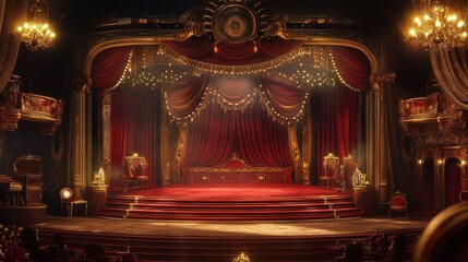 An empty stage awaits the next performance in a grand theater with red velvet curtains, ornate gold details, and a warm glow of light.