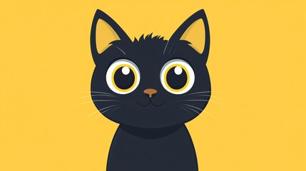 Cute black cat with big yellow eyes on a yellow background.