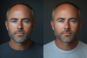 a portrait of a man experiencing hair loss presents a before and after comparison showcasing the impact of treatments emphasizing themes of selfcare and confidence in a clinical setting