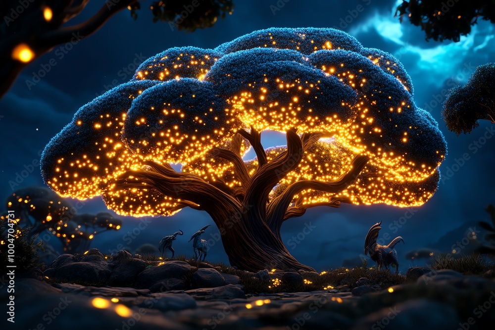 Poster a fantasy jungle habitat with mythical animals, where the trees glow with otherworldly light, and en