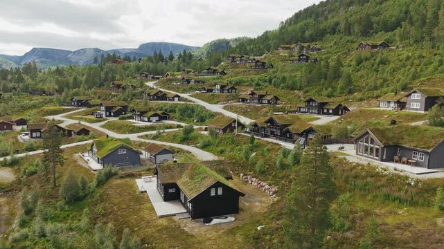 Eco friendly turf roof houses in Grofta Norway Aerial drone view