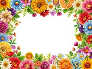 Obraz premium Vibrant floral border with colorful blooming flowers and lush greenery surrounds a blank white space, perfect for custom greeting cards, invitations, and summer backgrounds.