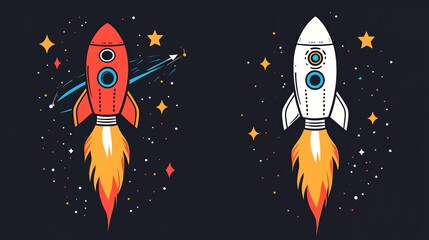 Two rockets with different color schemes are shown against a starry black background.