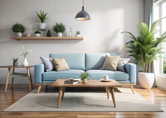 Sleek light blue sofa anchors modern living room, accompanied by sleek wood coffee table, potted greenery, and subtle decor, exuding calm and serenity atmosphere.