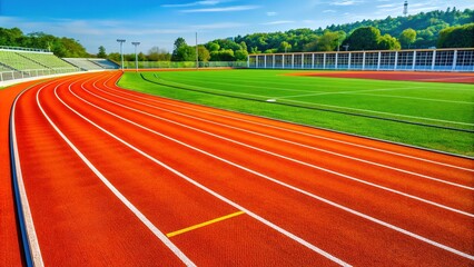 Vibrant orange track and field finish line stretches across the bright green grass of a sunny outdoor athletic stadium with numbered lanes.