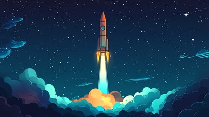 A rocket ship launches into space, leaving a trail of smoke and fire.