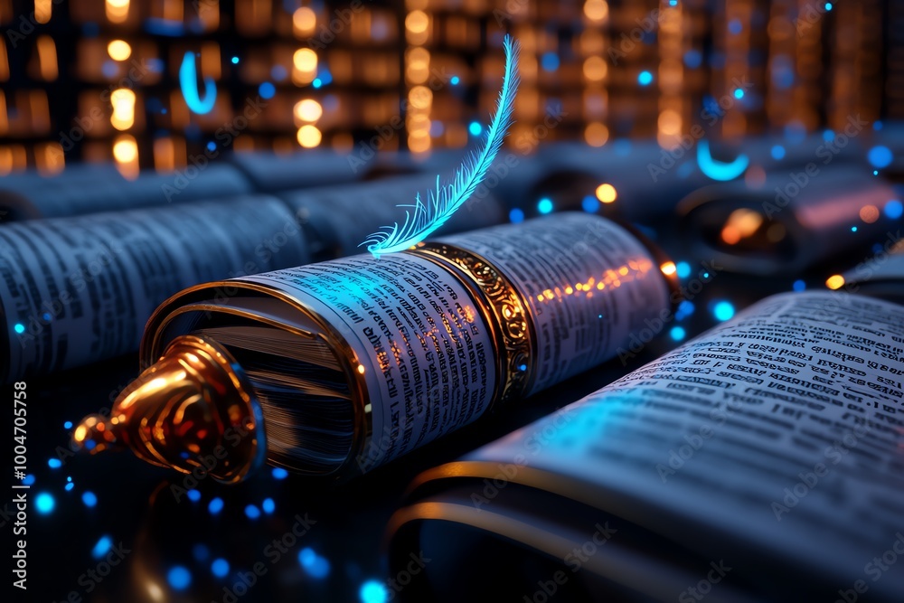 Poster A fantasy library filled with scrolls of yesterdayâ€™s news, where magical quills float and record the dayâ€™s events, glowing with ethereal light