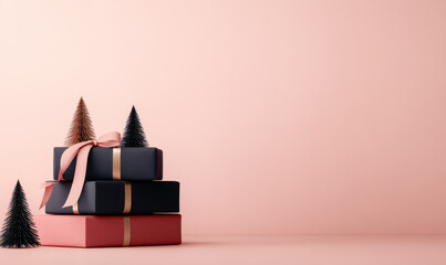 Elegant Holiday Gift Boxes with Minimalist Christmas Trees on Pink Background