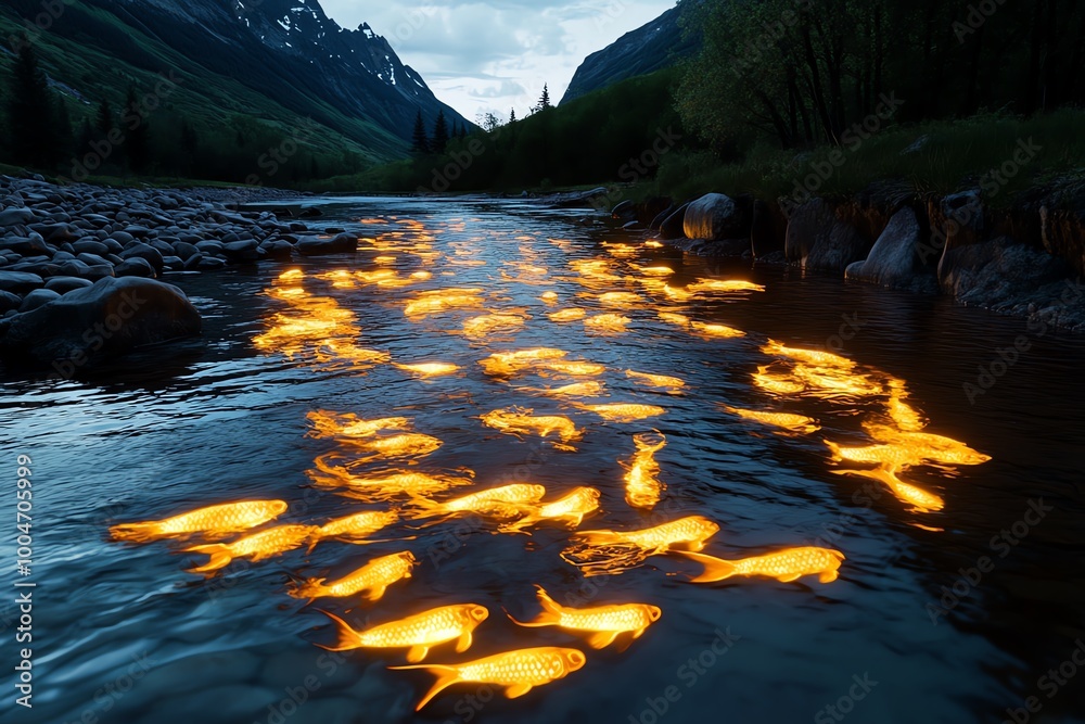 Poster a fantasy mountain stream with magical waters, where glowing fish swim beneath enchanted trees, and 