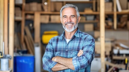 A confident carpenter with a gray beard smiles warmly while standing in a workshop. The space is filled with wooden materials and tools, highlighting his craftsmanship and experience