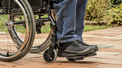 Obraz premium A person sits in a wheelchair on a well-maintained paved pathway, wearing comfortable dark sneakers, surrounded by greenery and flowers in bright sunlight