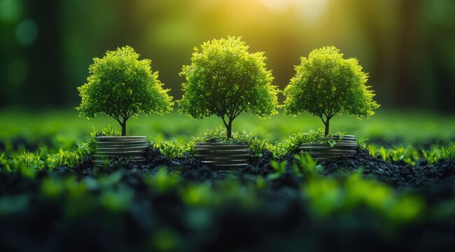 Small trees grow from coins, symbolizing the link between nature and financial growth in a vibrant scene