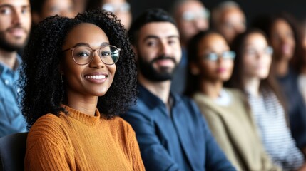 Fototapeta premium A woman with curly hair and glasses smiles while sitting in a crowded seminar audience. The atmosphere is focused on engaging discussions and shared experiences in an urban conference center