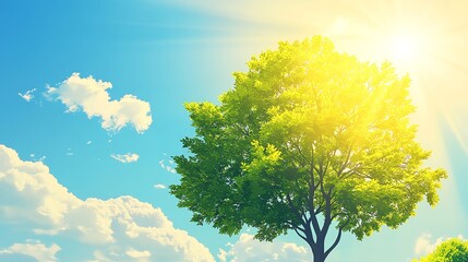 Obraz premium A tree with green leaves in front of a blue sky with white clouds and the sun shining brightly.