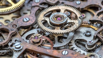 A detailed close-up showcases a collection of vintage clock gears, highlighting their intricate designs and aged metal surfaces, emphasizing craftsmanship and mechanical engineering