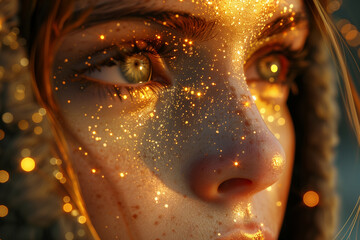 Beautiful woman portrait with face covered with sunlight. Female face with Extreme beautiful eyes. Photo realistic, concept art, cosmetic, cinematic light. AI Generative