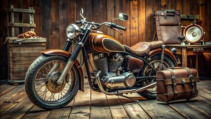 Retro-style motorcycle with ornate chrome handlebars, worn leather saddle, and sleek fuel tank parked on a rustic wooden floor amidst vintage paraphernalia.