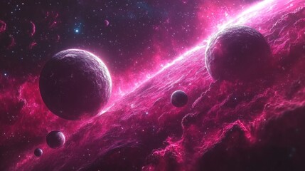 A striking view of several planets set against a luminous pink nebula in deep space