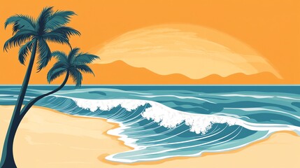 Obraz premium Two palm trees on a tropical beach at sunset with waves crashing on the shore.