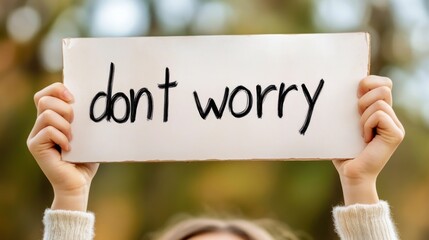 A person is raising a sign with the message don't worry, showcasing a positive and reassuring attitude outdoors