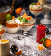 Delicious tangerine panna cotta decorated with mint for christmas dessert