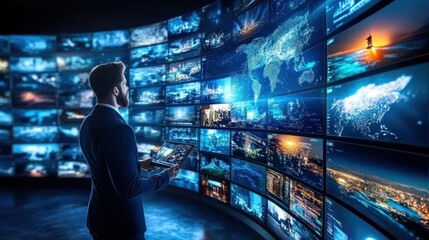 A business professional stands in a modern office, analyzing global data on multiple digital screens that showcase dynamic maps and visualizations, illuminated by evening light
