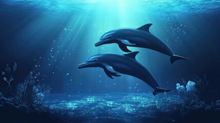 Two dolphins swimming gracefully in the deep ocean, surrounded by a serene underwater environment.