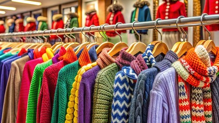 Obraz premium Colorful winter holiday discount tags hang from racks filled with stylish sweaters and scarves in a bustling sale section of a department store.