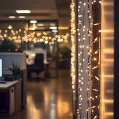 Obraz premium Office Holiday Cheer: A warm and inviting office space is transformed with twinkling fairy lights, creating a festive atmosphere.