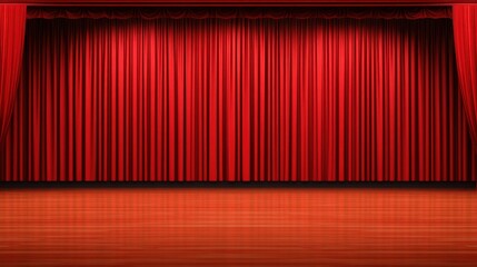 The vibrant red curtain is poised to part, inviting an audience into the world of theater. The polished wooden floor reflects the rich color, enhancing the dramatic atmosphere of the performance