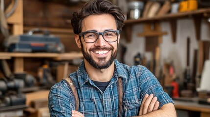 Fototapeta premium A confident young craftsman stands proudly with crossed arms in a well-organized workshop, surrounded by various tools and woodworking equipment, showcasing his passion for craftsmanship