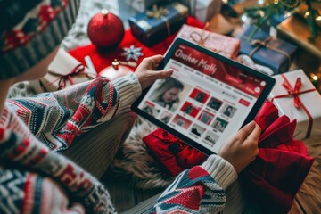 Cyber Monday Shopping: Woman Browsing Deals on Tablet Amid Holiday Decorations and Gifts