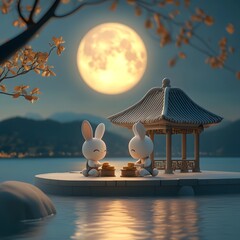 Obraz premium A peaceful 3D cartoon scene of two rabbits sitting near a pavilion on the water sharing moon cakes under the soft glow of the yellow moon with an osmanthus tree swaying gently nearby