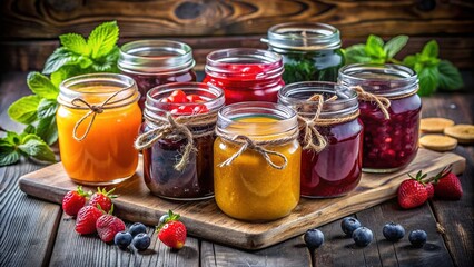 Colorful glass jars filled with various flavors of homemade fruit jam, adorned with handwritten chalkboard labels and twine, sitting on a rustic wooden table.