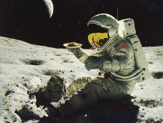 Astronaut enjoying a meal on the moon’s surface.