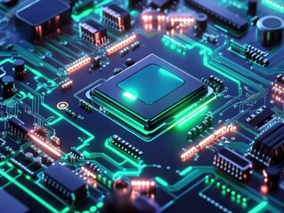 Fototapeta premium The heart of modern computing: illuminated microprocessor on circuit board.