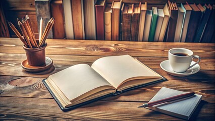 Open book with blank cover and pages lying on wooden table, surrounded by scattered pages, pencils, and coffee cup, in a cozy study atmosphere.