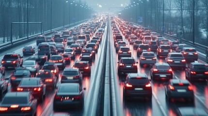 A dense line of vehicles is stuck in traffic during the evening rush hour, with headlights and taillights reflecting on the wet road surface under the glow of streetlights
